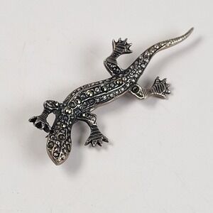 925 Sterling Lizard Gecko Pin Brooch Marcasite Stones Reptile Animal Jewelry